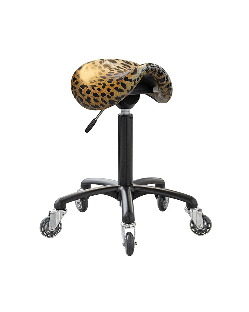 Stella - schwarzer Sattelhocker mit Leopardenbezug und Rollenrädern